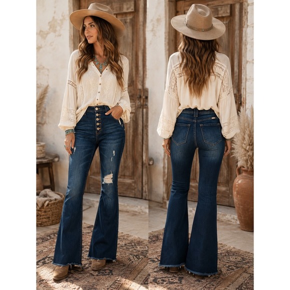 KanCan Denim - KanCan Flare Jeans Dark Wash Distressed Button Fly Boho Western Festival 5/26